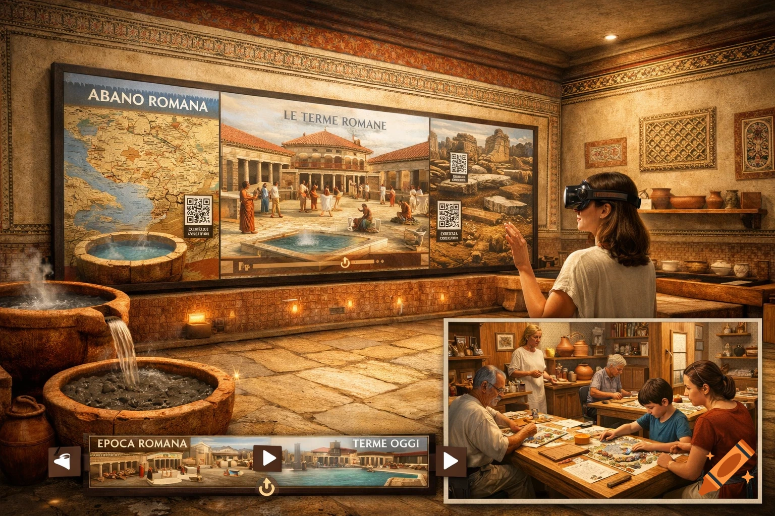 An immersive museum exhibit on ancient Roman baths. A woman wears a VR headset, interacting with a large screen displaying maps and scenes of historical baths. A smaller screen below shows a timeline labeled 'EPOCA ROMANA' and 'TERME OGGI'. In the foreground are two stone basins with water. A smaller inset image shows a family creating mosaics.