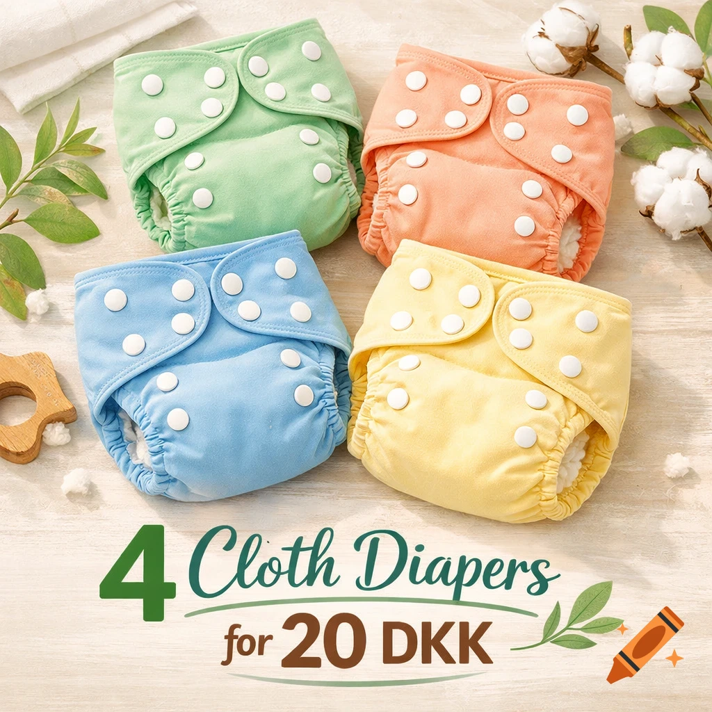 Four colorful cloth diapers (green, orange, blue, yellow) with snaps displayed on a wooden surface, advertised as '4 Cloth Diapers for 20 DKK'.