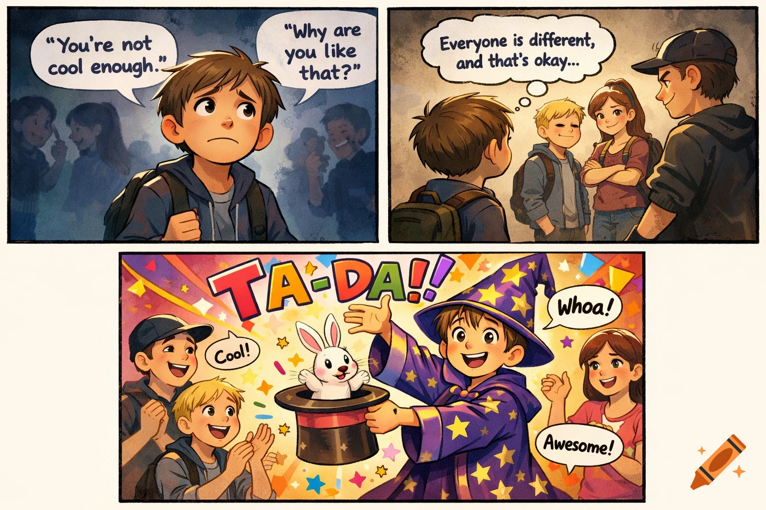 A three-panel comic strip showing a boy being bullied, then receiving acceptance, and finally performing a magic trick to the delight of other children.
