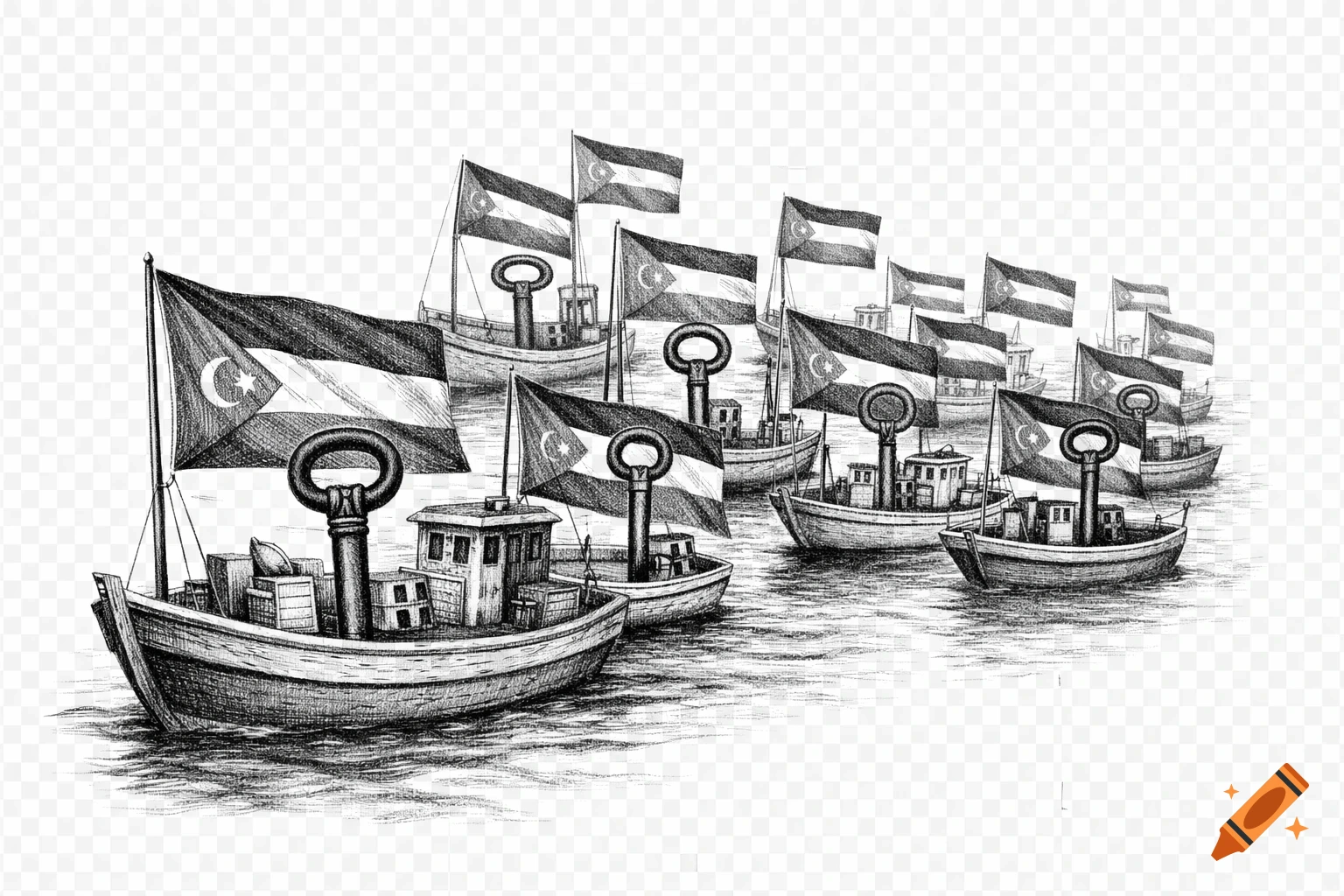Black and white pencil drawing of a flotilla of fishing boats, each flying a Palestinian flag and featuring a large key symbol.