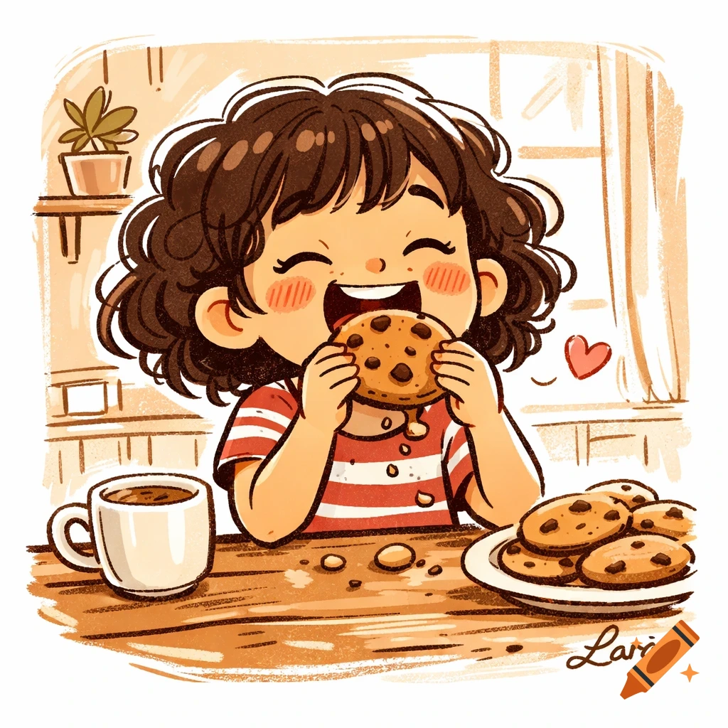 A cheerful cartoon girl with short curly hair gleefully eats a chocolate chip cookie at a table with coffee and more cookies.