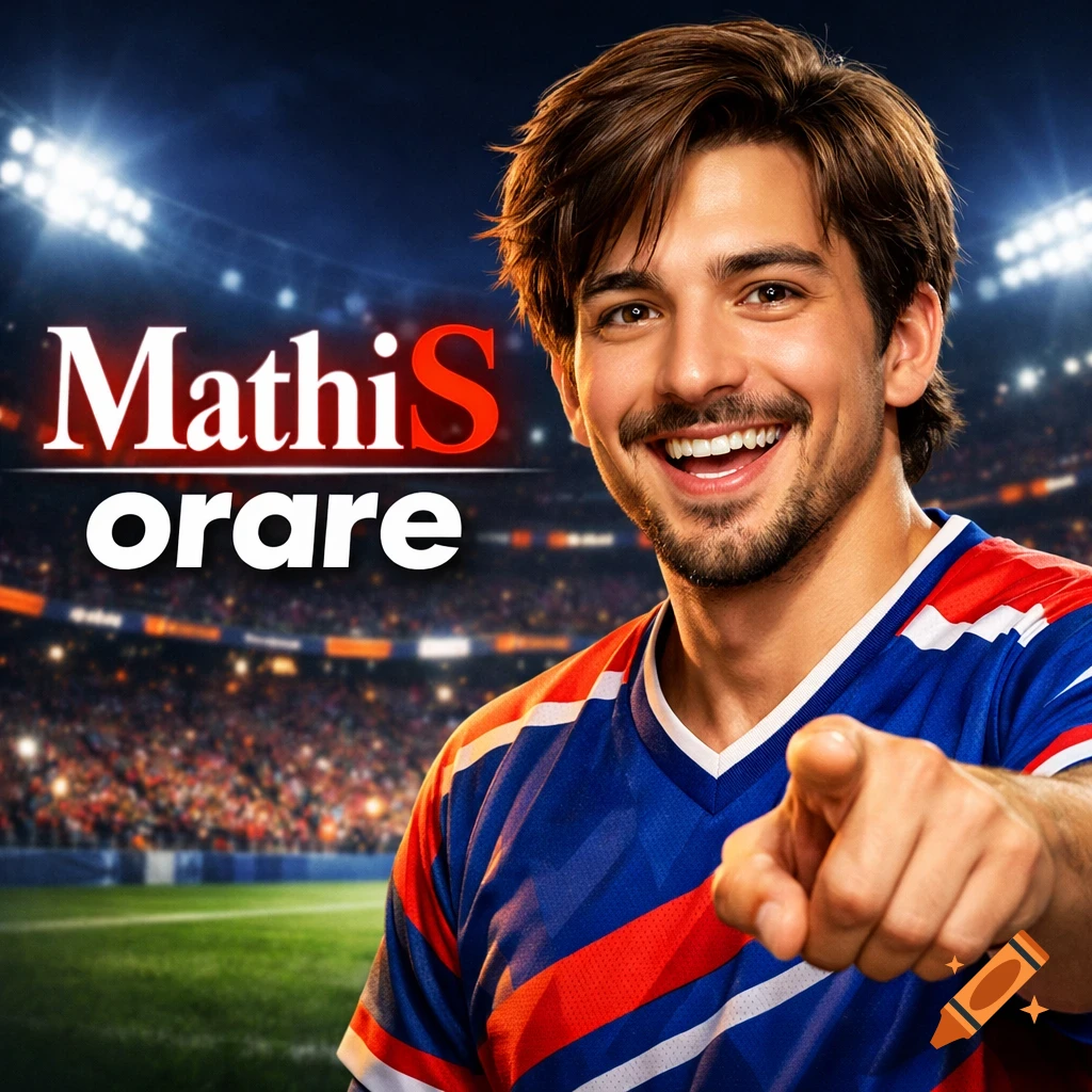 A smiling young man in a blue, red, and white football jersey points at the viewer, with a glowing "MathiS orare" sign in a night football stadium background.