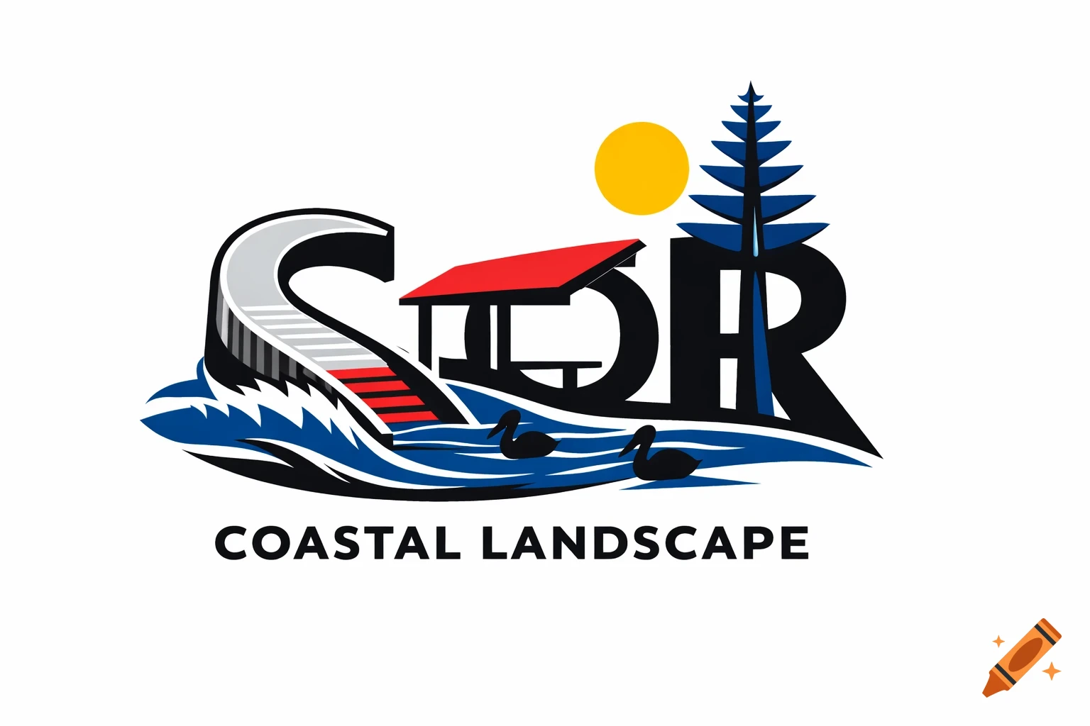 A clean vector logo for 'SOR Coastal Landscape' featuring stylized letters S, O, R as a boat ramp, picnic shelter, and pine tree, with ocean waves, pelicans, and the text 'COASTAL LANDSCAPE'.