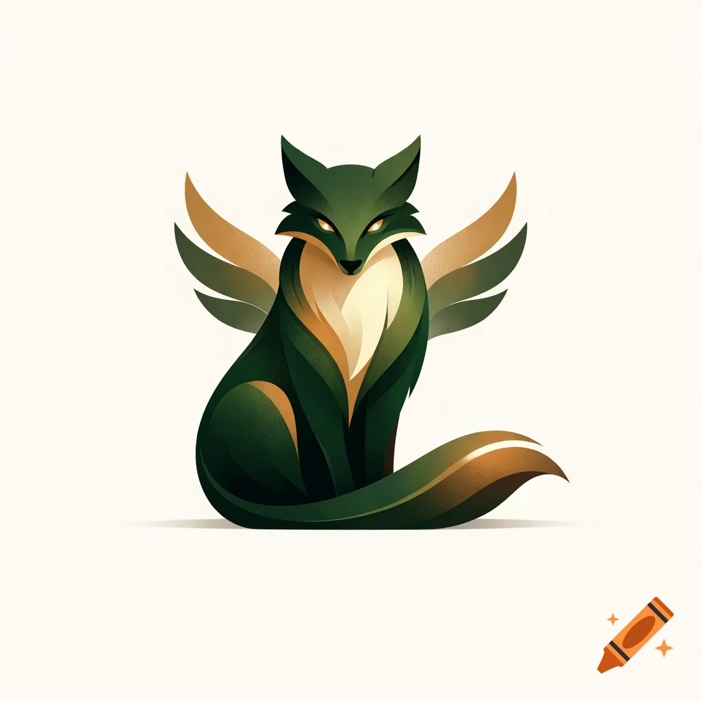 A stylized green and gold fox with wings sits against a white ...