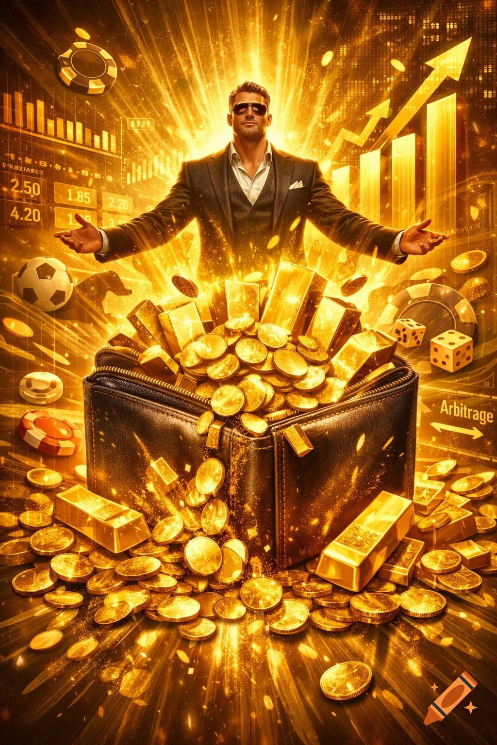 An epic golden illustration of a man with arms outstretched, standing over an overflowing wallet of gold coins and bars, surrounded by financial charts and gambling elements.