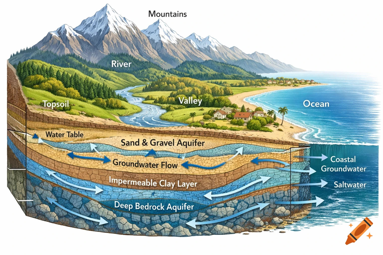 A detailed cutaway diagram showing a coastal landscape with mountains, a river, ocean, and underground layers depicting groundwater flow, aquifers, and the water table.
