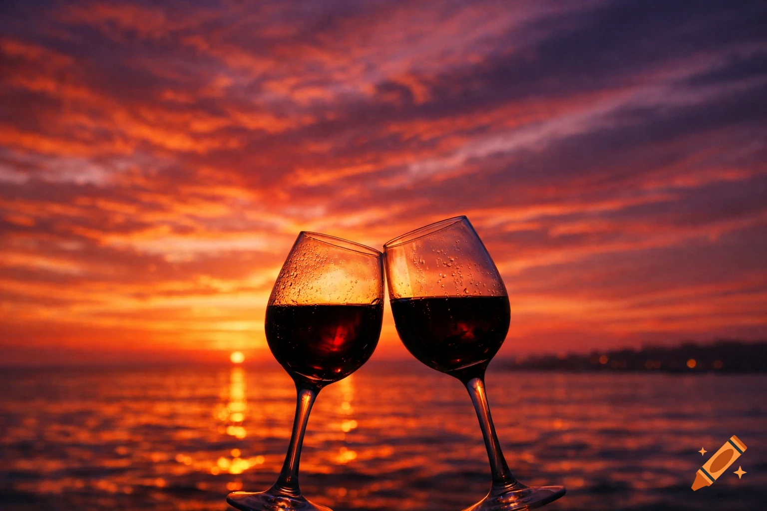 Two wine glasses with condensation clink together, silhouetted against a vibrant orange and purple sunset over the shimmering ocean.