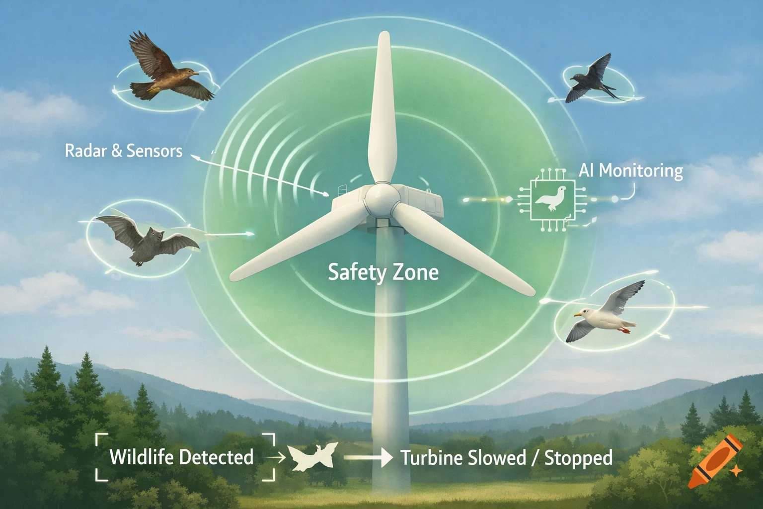Educational illustration of a wind turbine with a safety system, showing radar and AI monitoring protecting birds and bats in a safety zone.