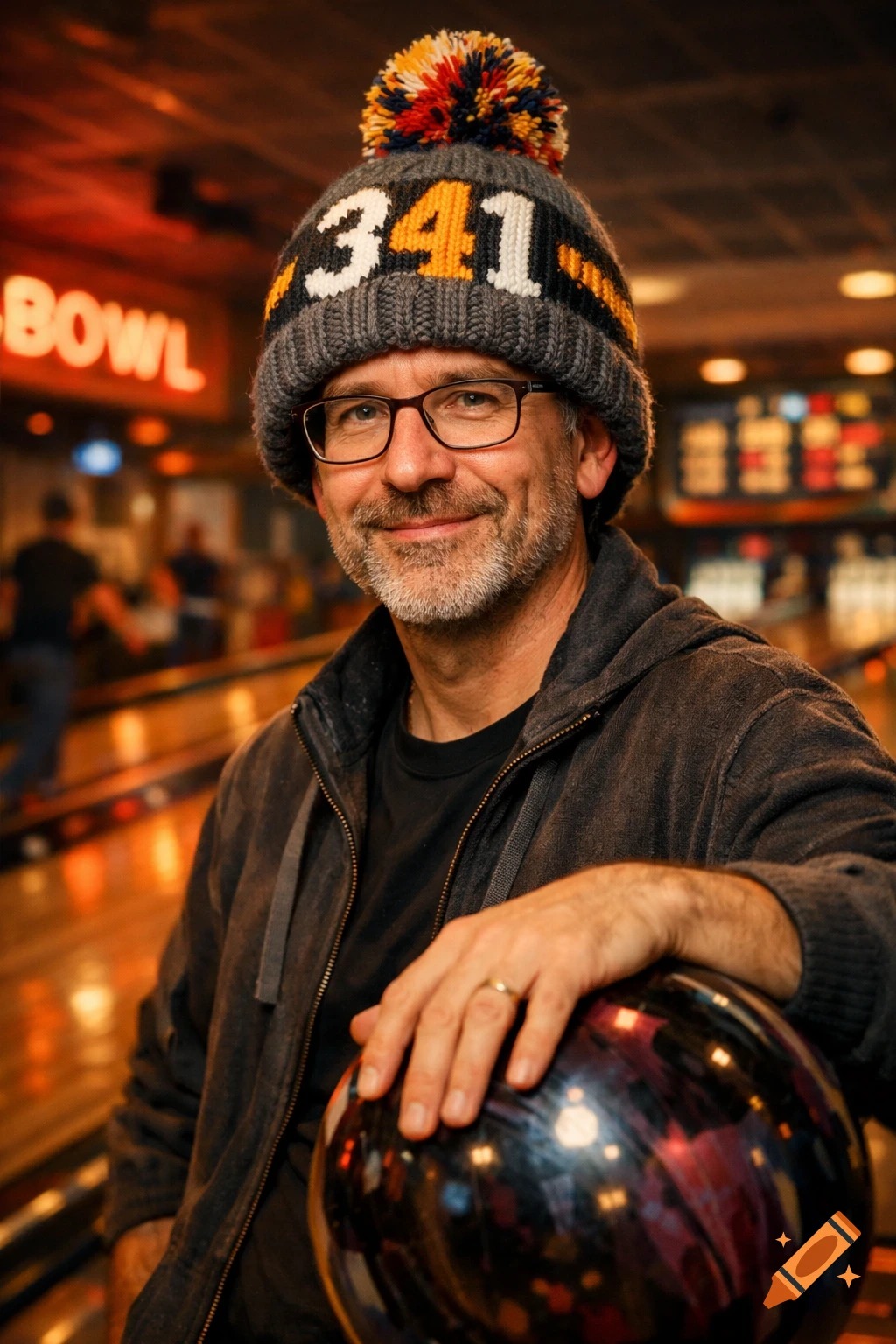 Smiling man in a pom-pom beanie with '341' and glasses, leaning on a bowling ball in a photorealistic bowling alley scene.