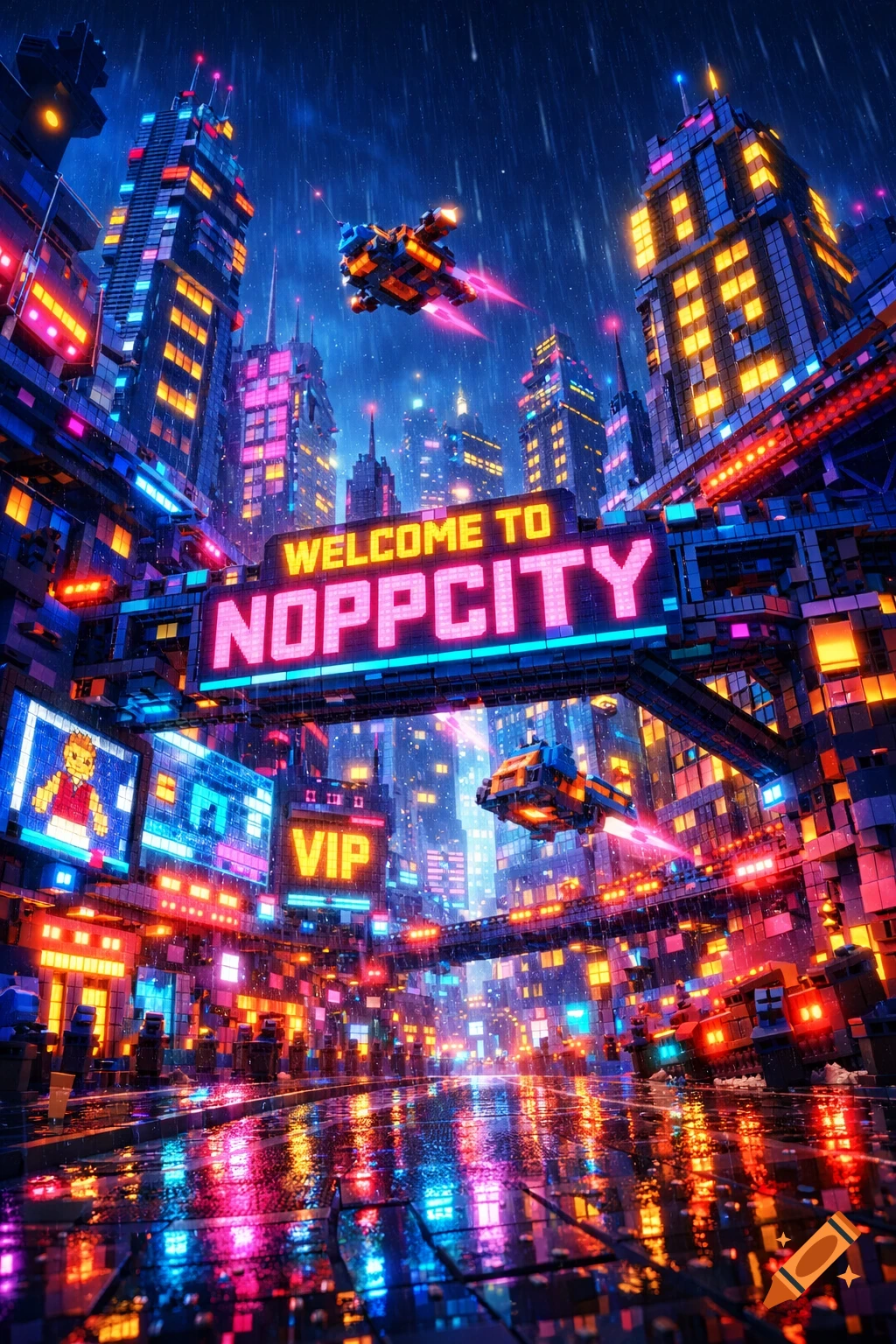 A vibrant cyberpunk city made of Lego bricks at night, with glowing neon signs, flying vehicles, and wet streets reflecting colorful lights.