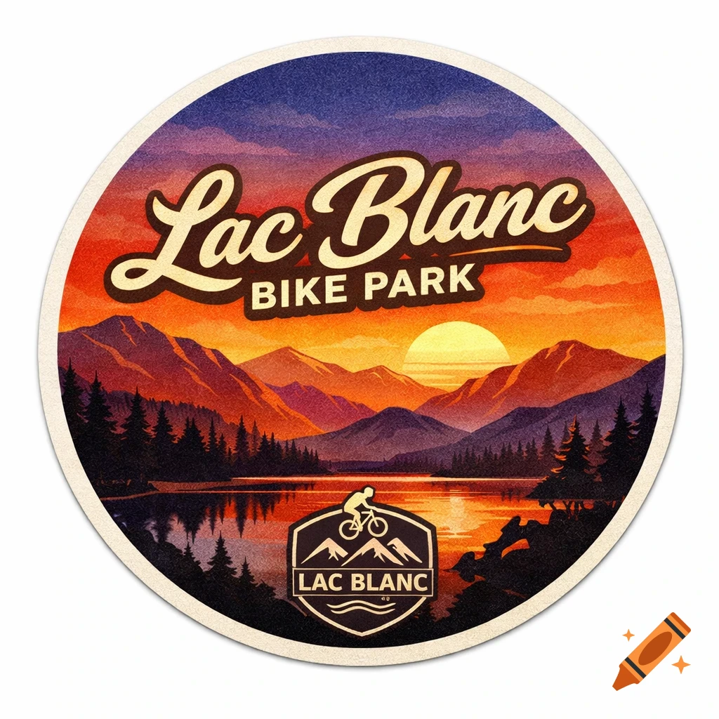 A round vintage-style sticker of a sunset over mountains and a lake with a forest, featuring text "Lac Blanc Bike Park" and a logo with a cyclist.