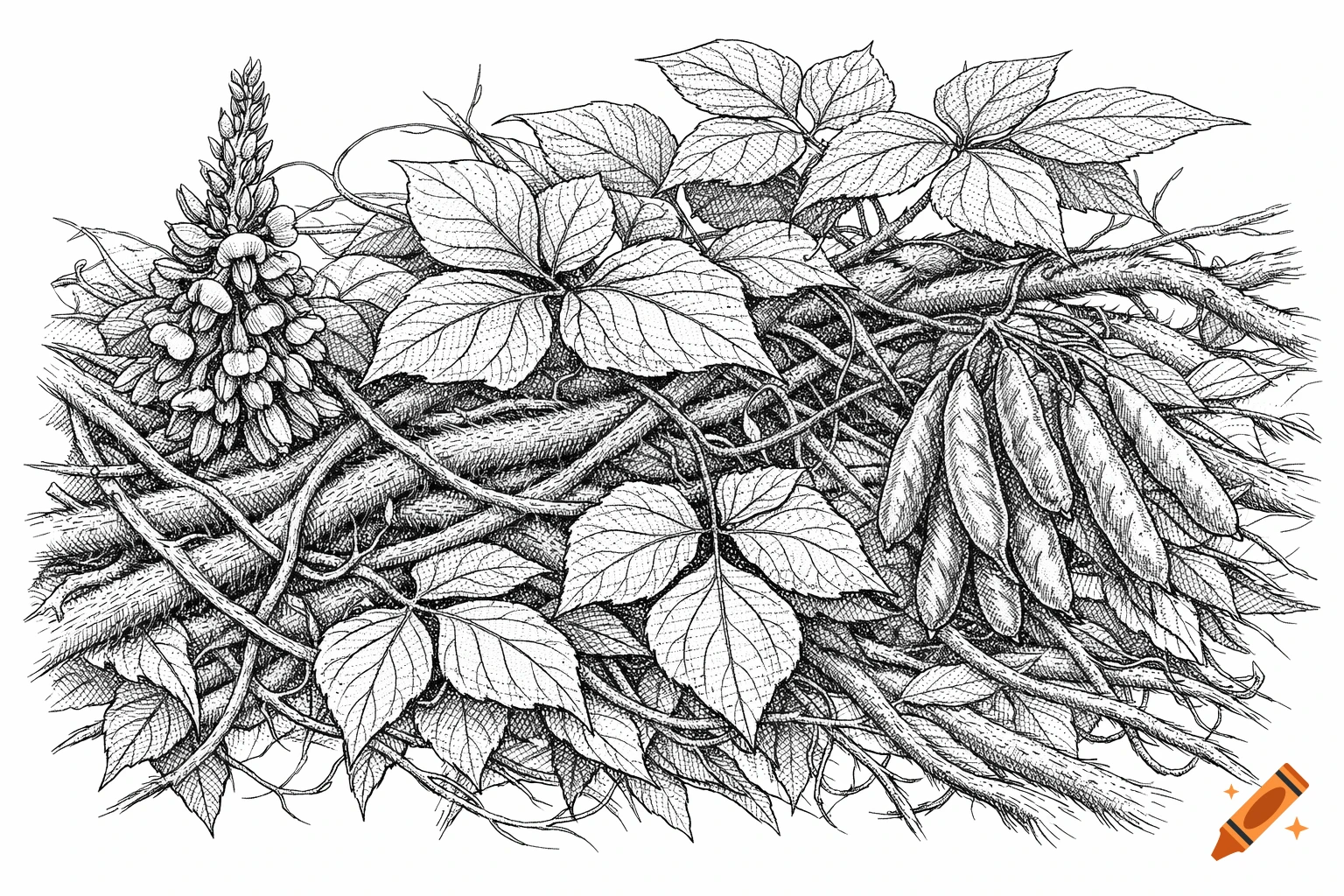 Detailed black and white scientific illustration of kudzu plant with leaves, flowers, and seed pods intertwined with vines and roots.