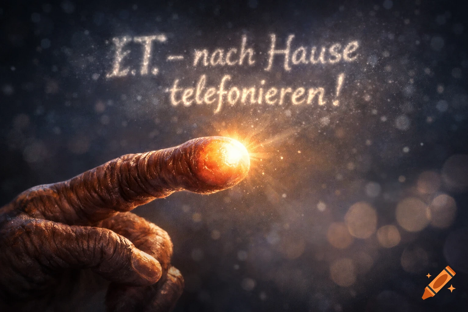 Close-up of E.T.'s glowing finger with the German text 'E.T. - nach Hause telefonieren!' surrounded by sparkling particles.