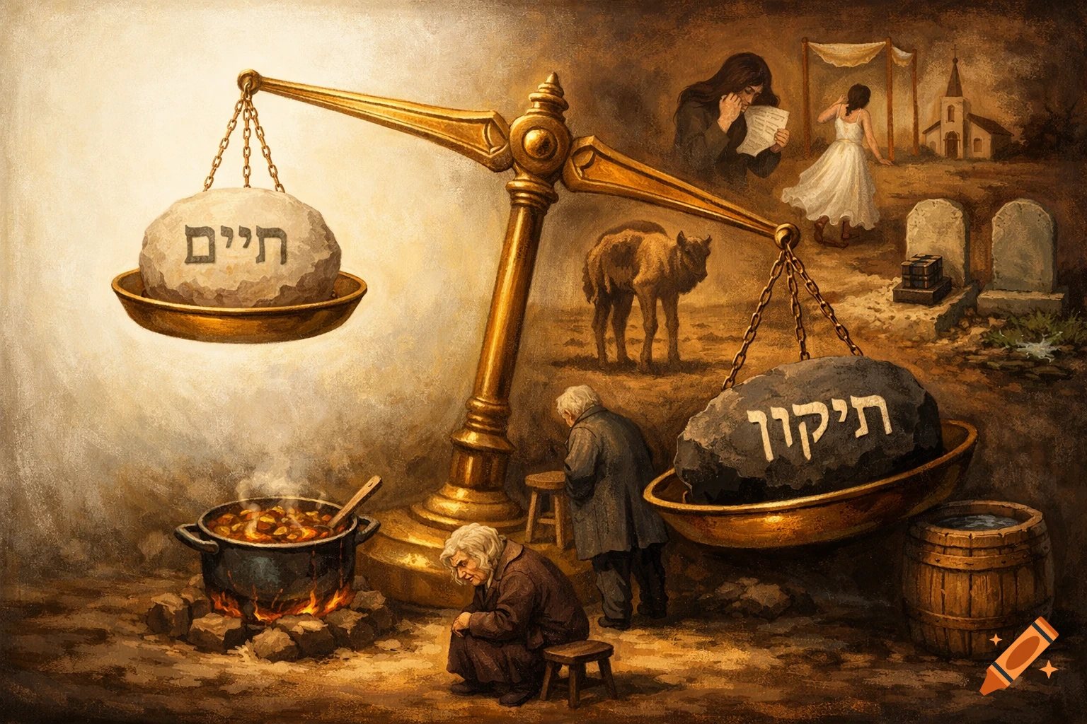 A symbolic painting featuring golden scales with 'Chaim' (Life) and 'Tikun' (Rectification) on heavy stones, surrounded by scenes of human struggle and despair against a warm, painterly backdrop.