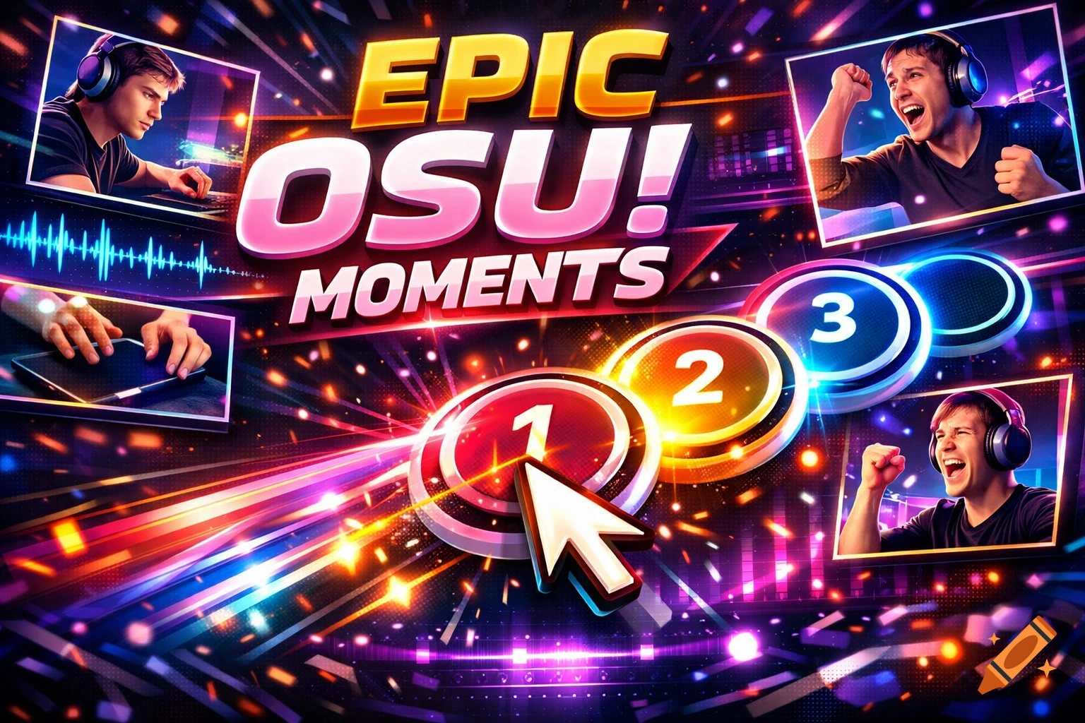 Dynamic YouTube thumbnail for 'Epic Osu! Moments' featuring gamers, a mouse cursor, and vibrant digital effects.