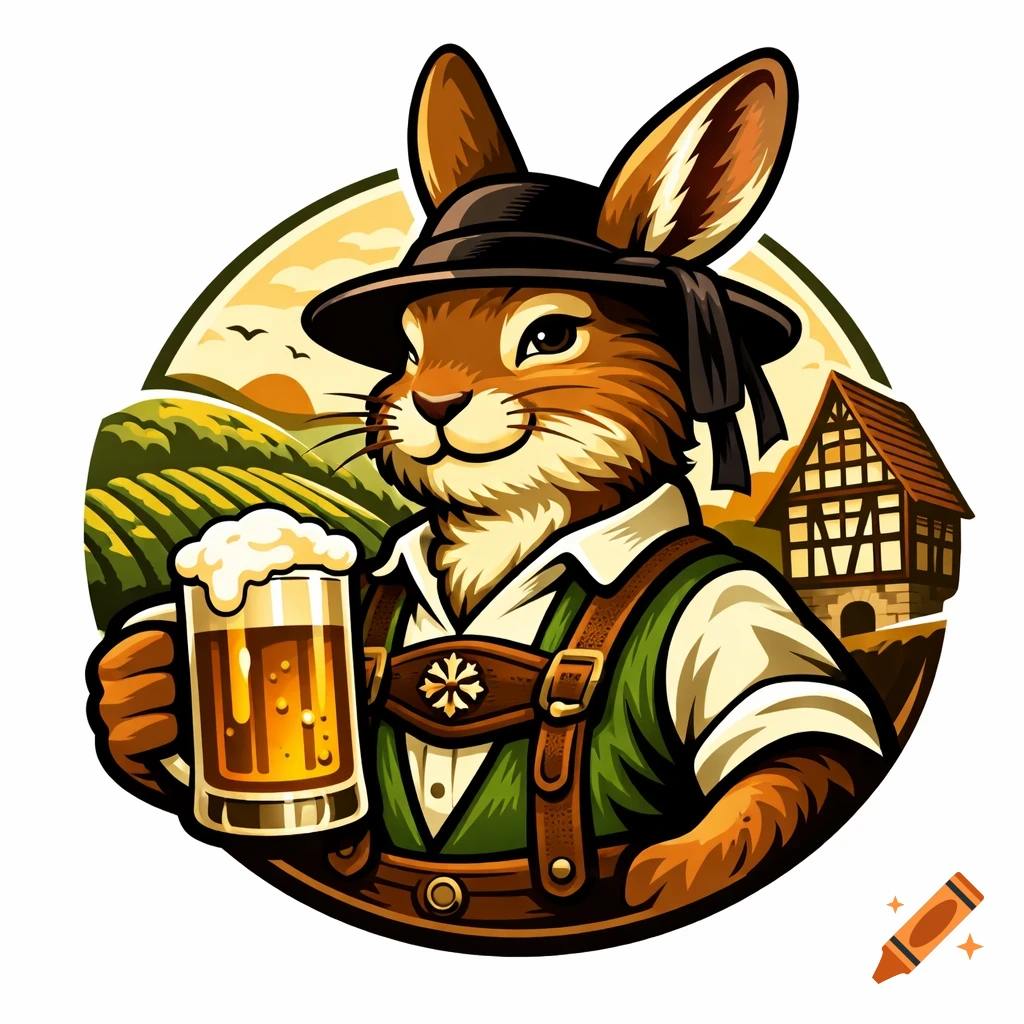 Cartoon rabbit in a black hat and green lederhosen holds a frothy beer mug, set against a German countryside with a house.