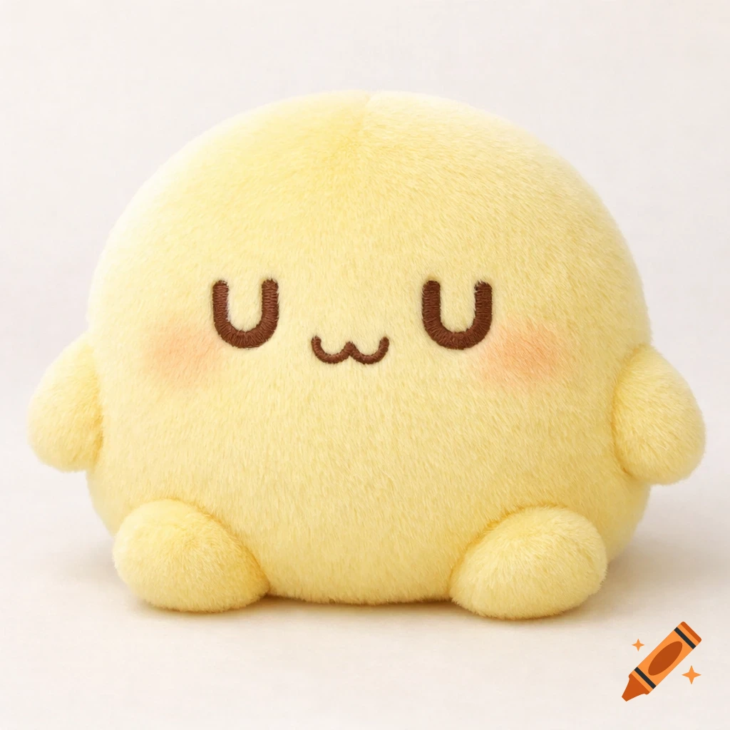 A soft, rounded yellow plush toy with a cute 'UuU' expression for its face and pink blush on its cheeks, against a light background.