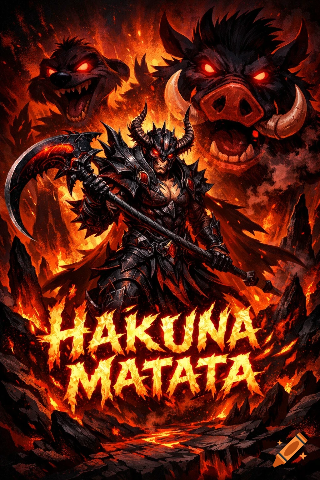 A demonic warrior in black armor and horns holds a scythe, flanked by evil-looking Timon and Pumbaa characters, all engulfed in a fiery hellscape with "HAKUNA MATATA" in flaming text.