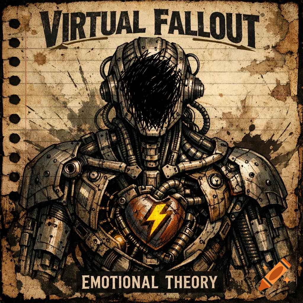 A stylized illustration of a humanoid robot with a blacked-out face, a heart with a lightning bolt in its chest, on a vintage paper background, with text "VIRTUAL FALLOUT" and "EMOTIONAL THEORY".