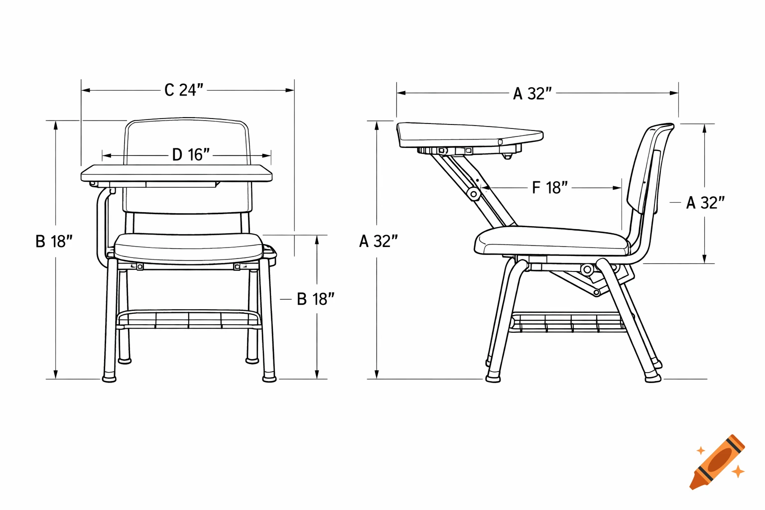 Front and side technical line drawings of a school desk with an attached chair, showing dimensions.