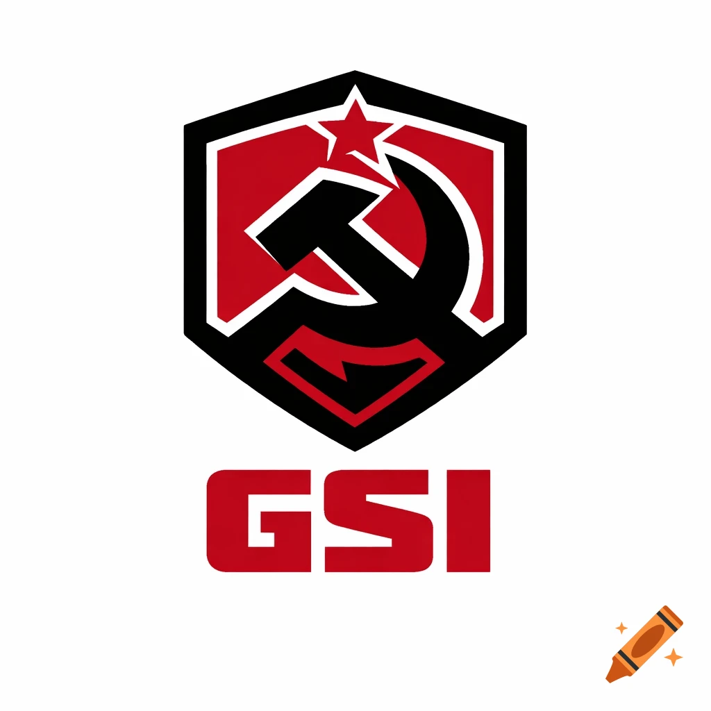 A minimalist security logo for 'GSI' in Soviet military style, featuring a black hammer and sickle with a red star inside a red and black shield, over a white background.