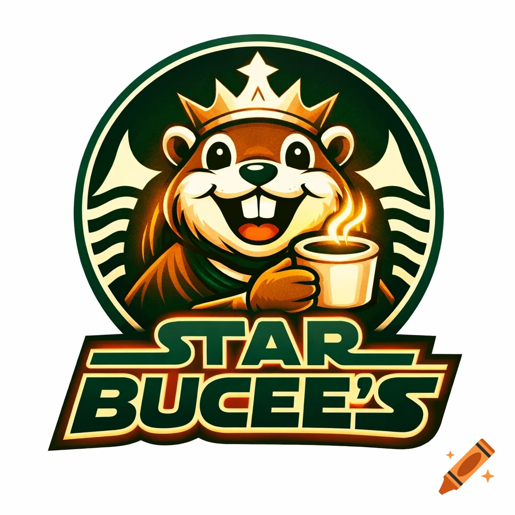Cartoon beaver mascot with a crown holding a steaming coffee cup in a green circular logo with 'STAR BUCEE'S' text.