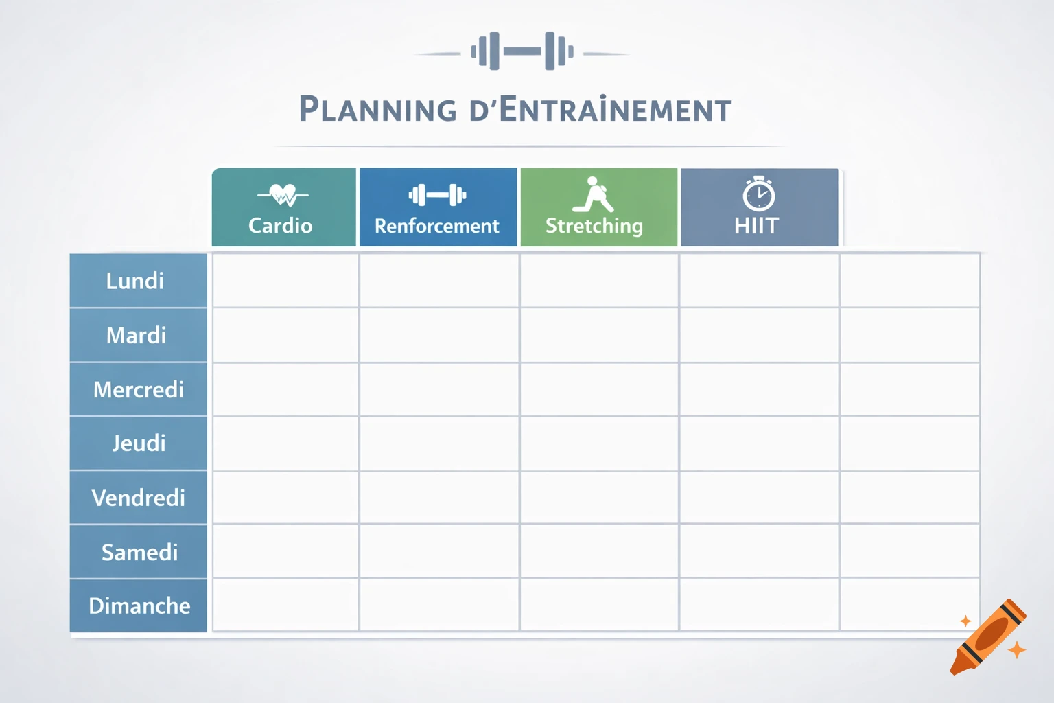 A weekly fitness planning table with columns for Cardio, Strength, Stretching, and HIIT, and rows for each day.