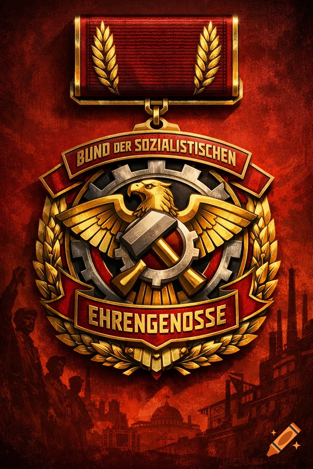 A detailed, gold and red socialist-style medal with an eagle, hammer and sickle, and the text "BUND DER SOZIALISTISCHEN EHRENGENOSSE". The background features silhouettes of industrial buildings and figures in a dark red, textured style.
