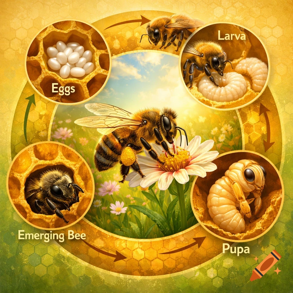 An illustrative diagram of a honey bee's life cycle, showing eggs, larva, pupa, and an emerging bee, circling a bee on a flower.
