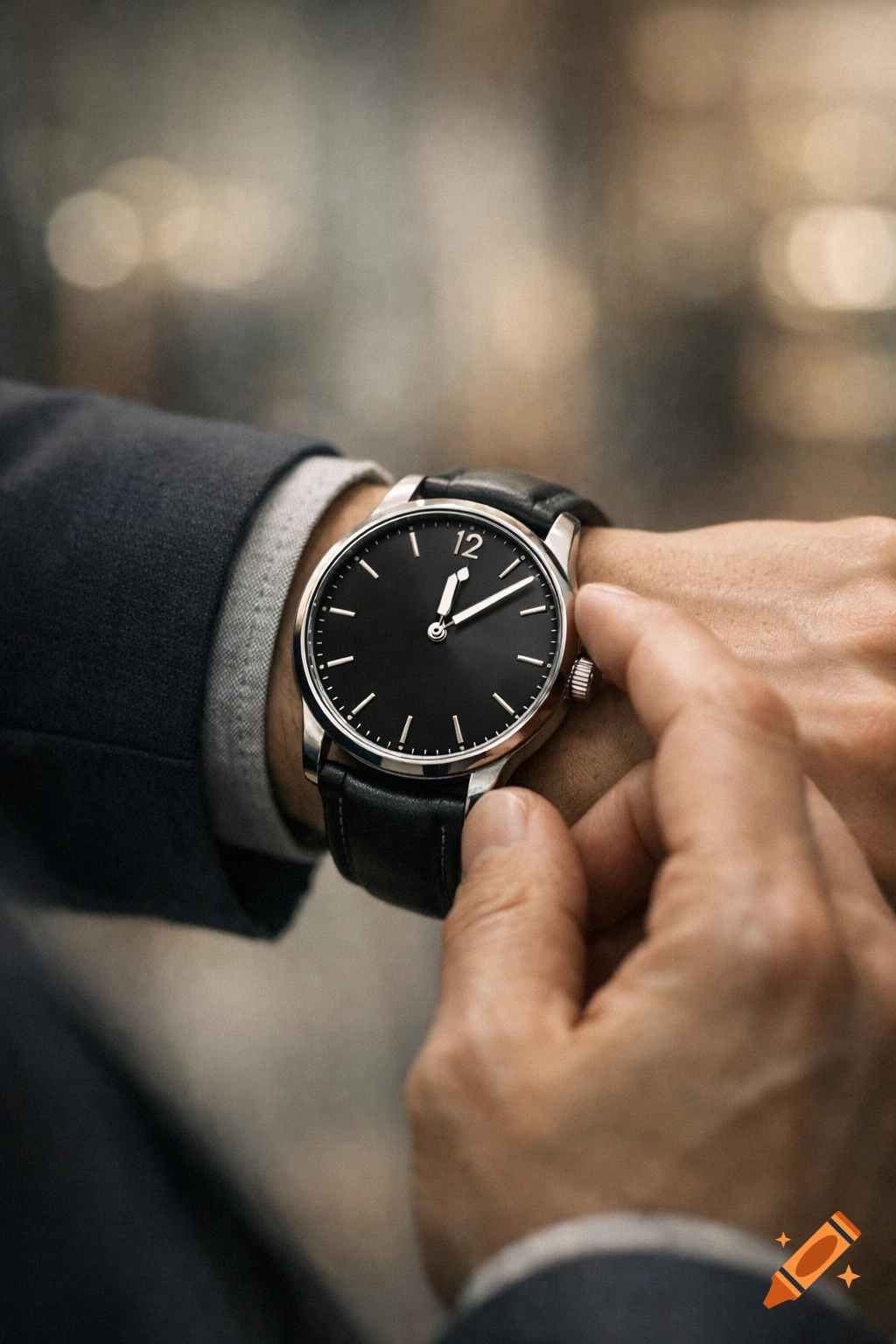 Close-up of a person's wrist wearing a classic black and silver watch with a black leather strap, showing the time 12:10.
