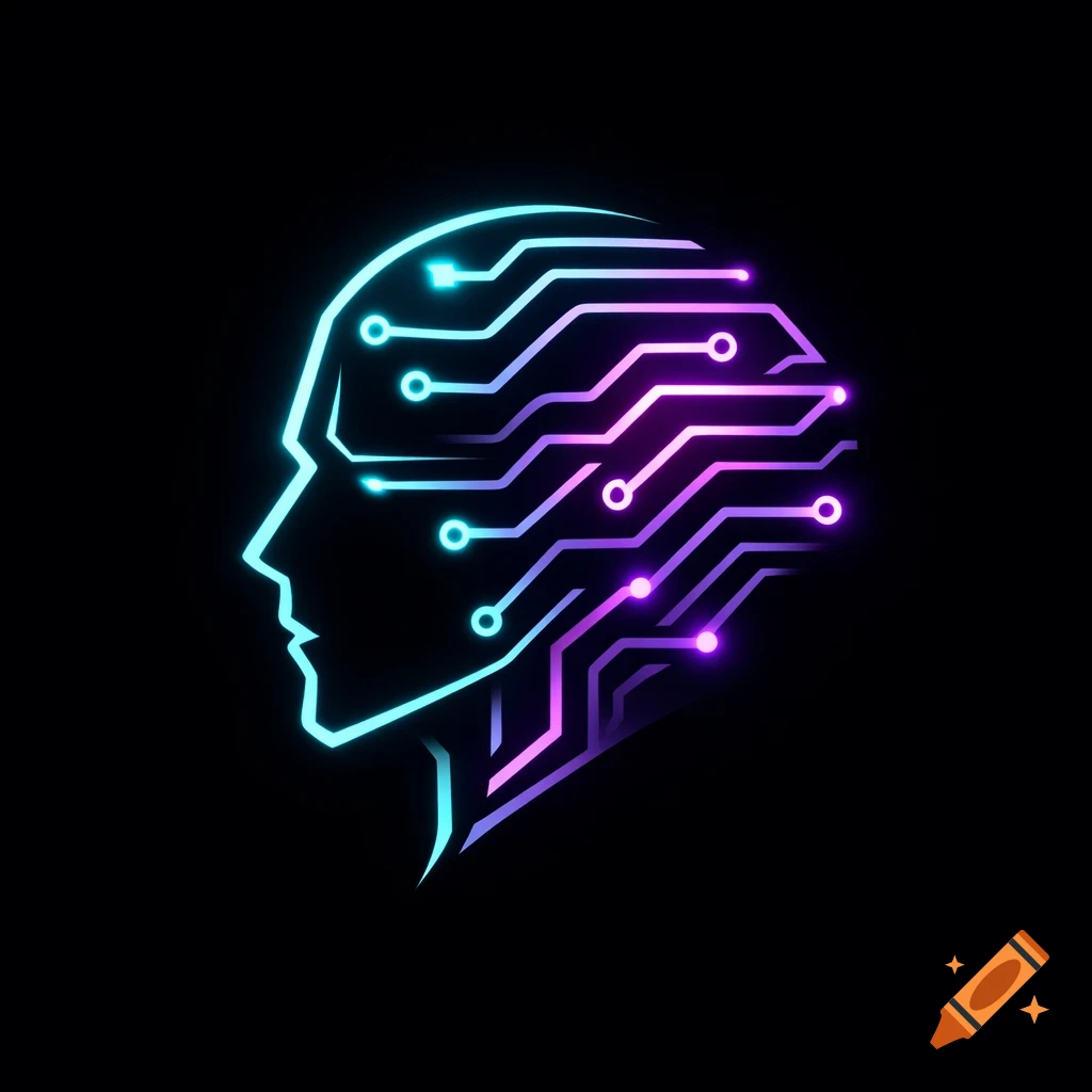 Neon blue and purple circuit board pattern inside the profile outline of a human head, glowing against a black background.