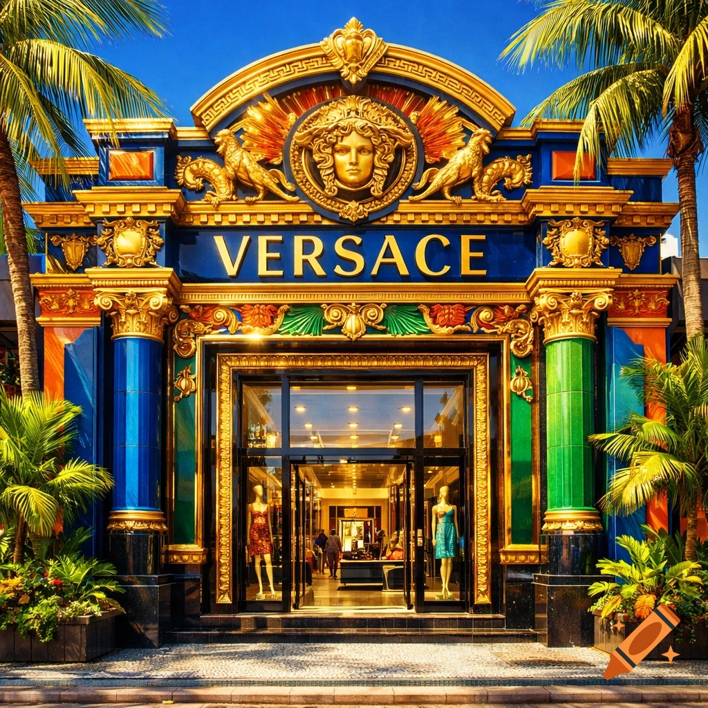 A vibrant Versace store facade featuring ornate gold trim, blue and green elements, a Medusa head emblem, and tropical palm trees.