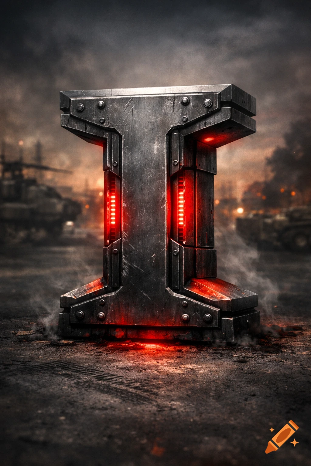 A large, metallic, militarized letter I with glowing red lights and smoke, set against a blurry, dark military landscape.