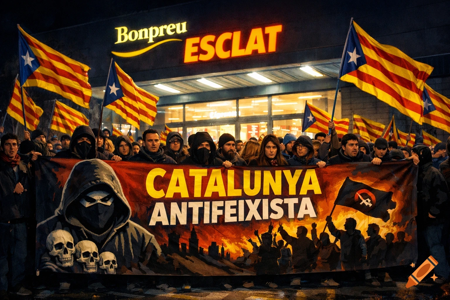 A night protest with people holding Catalan flags and a large banner reading "CATALUNYA ANTIFEIXISTA" in front of a Bonpreu Esclat supermarket.