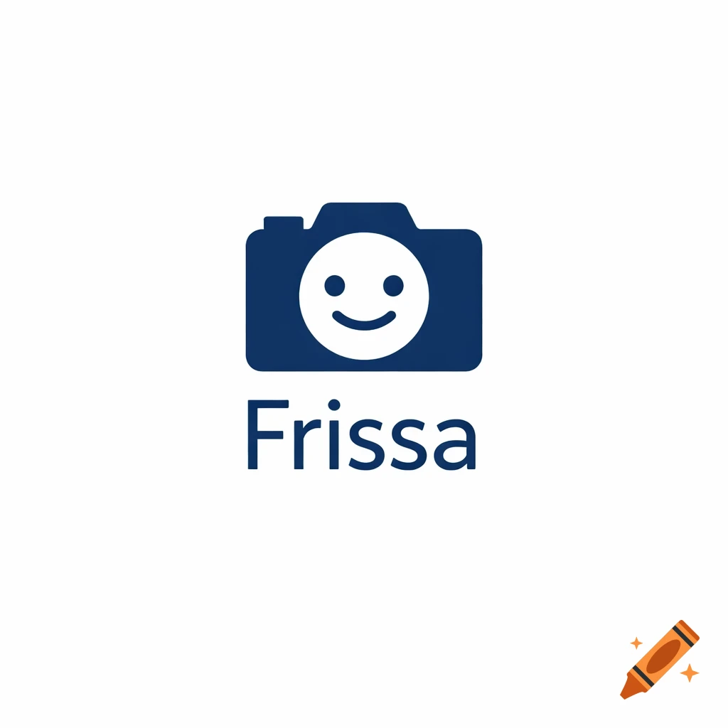 Minimalist logo featuring a dark blue camera icon with a white smiling face inside, above the text 'Frissa', on a white background.