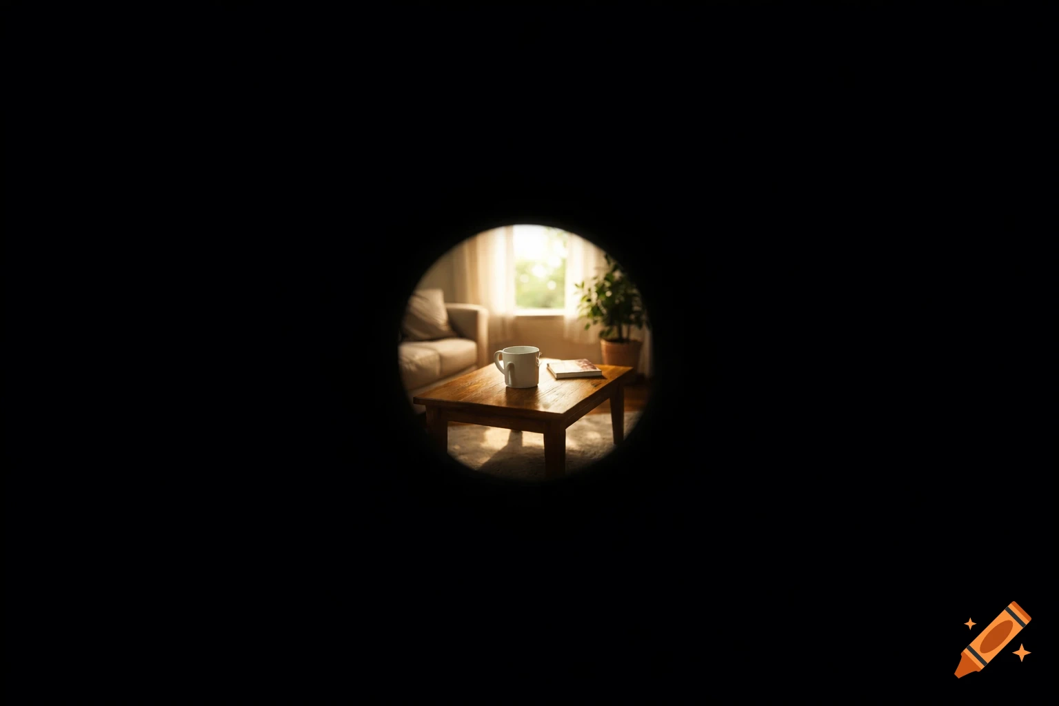 A first-person view through severe tunnel vision, showing a coffee cup on a wooden table in a sunlit living room.
