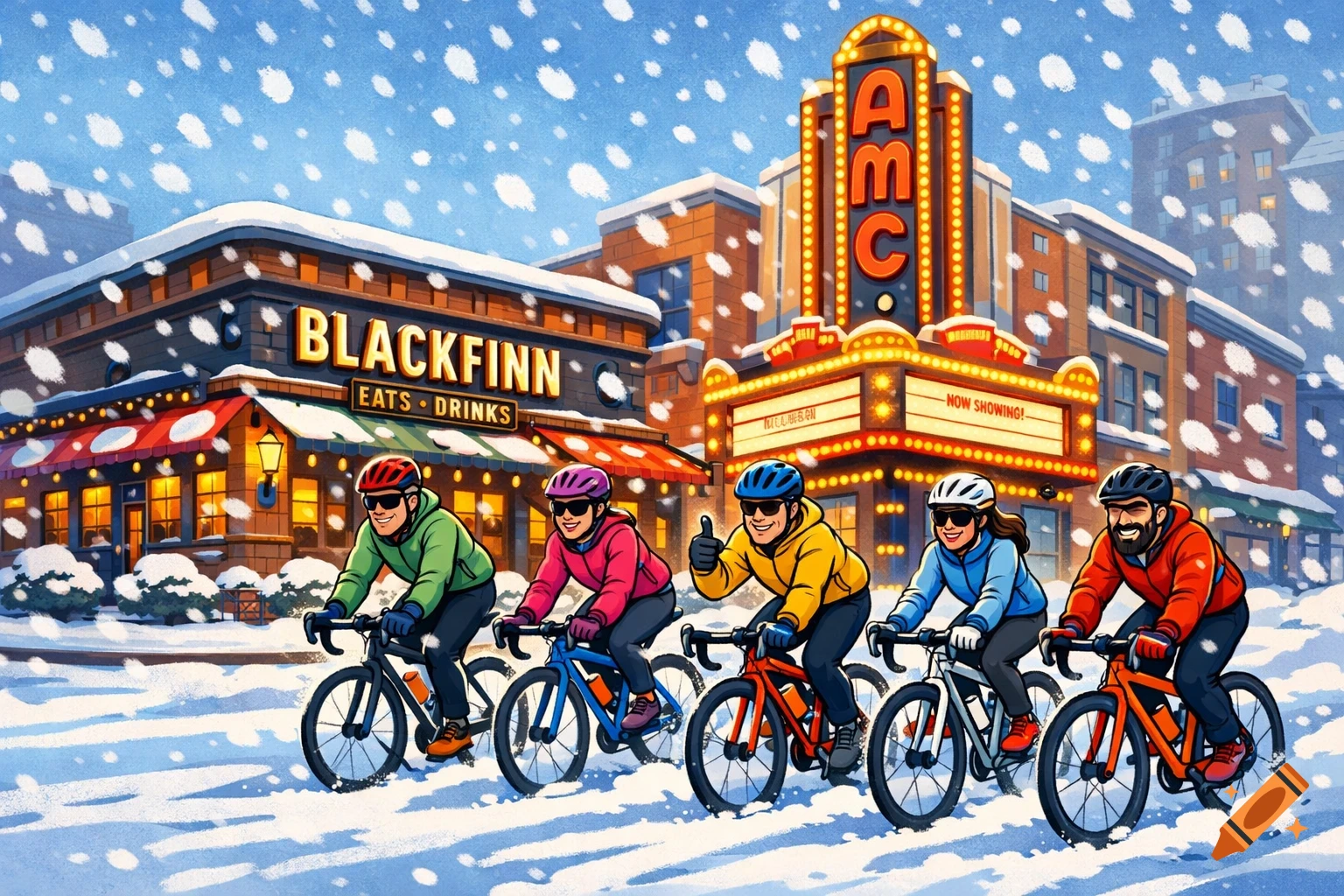 A cartoon illustration of five people riding bikes through a snowy city street, passing a Blackfinn restaurant and an AMC movie theater.