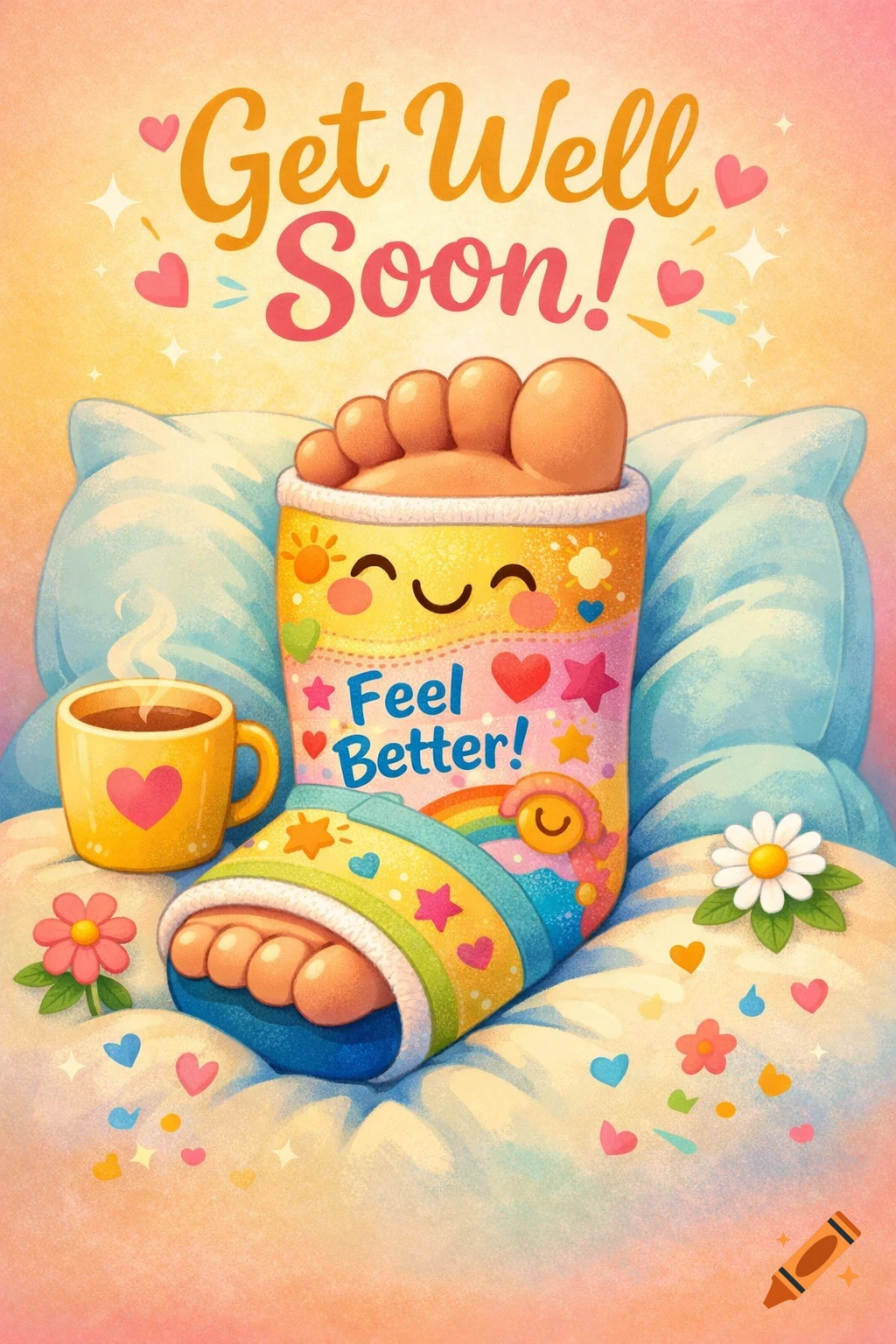 Cheerful illustration of a foot in a colorful cast with 'Get Well Soon!' and 'Feel Better!' text, a mug and flowers.
