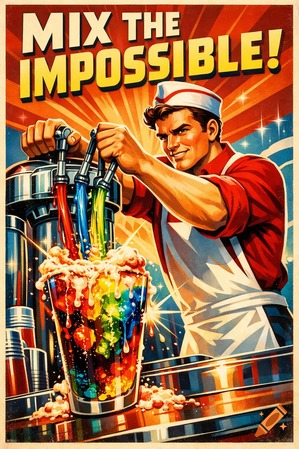 A man in a retro soda jerk uniform mixes colorful drinks into a foamy rainbow concoction in a vintage propaganda poster. Text: MIX THE IMPOSSIBLE!