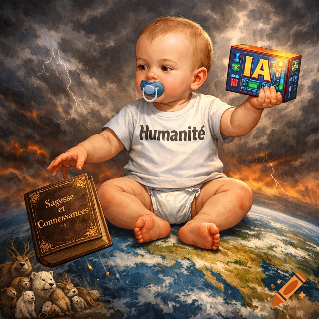 A baby in a 'Humanité' shirt sits on Earth, holding an 'IA' box and dropping a book, with animals and a storm.