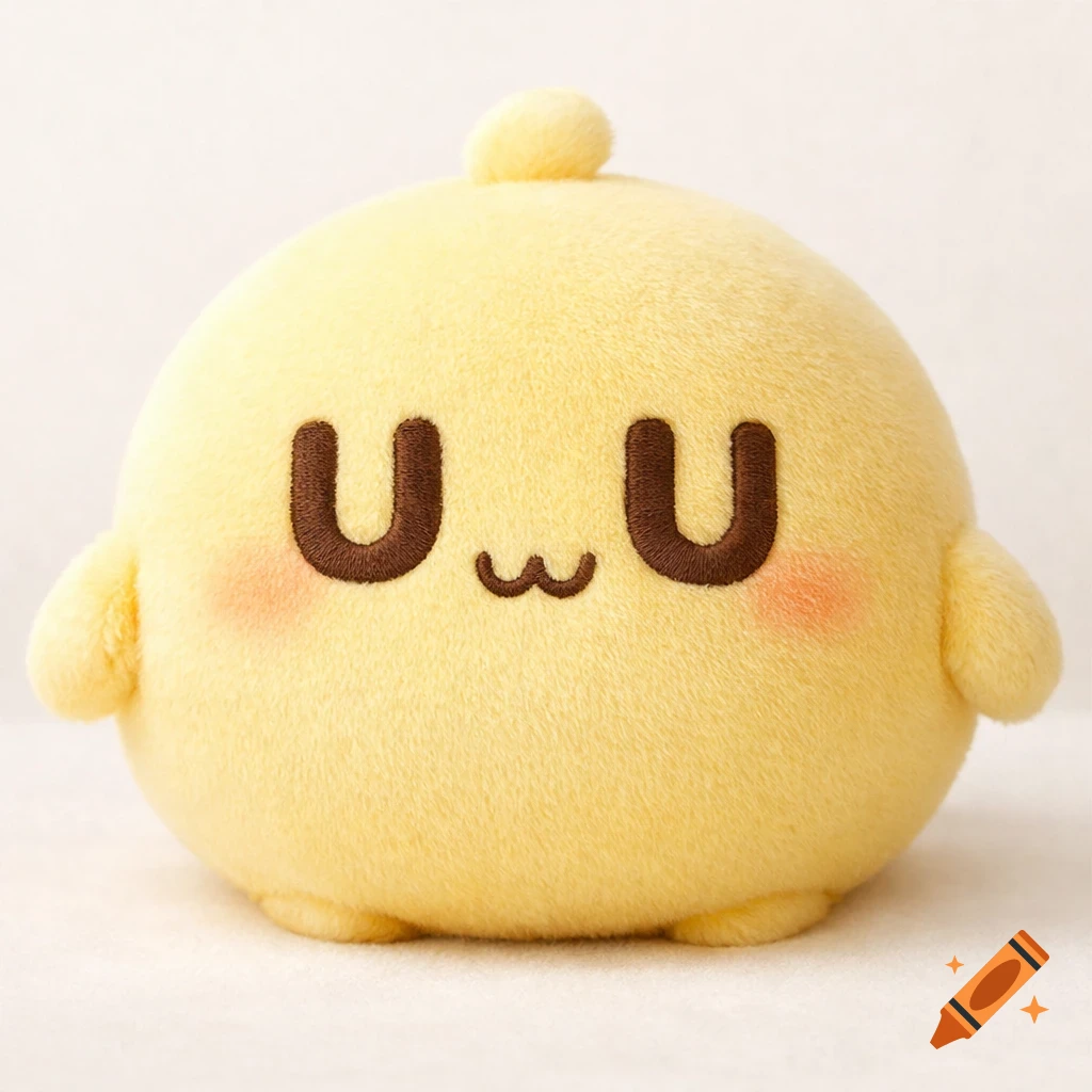 A fluffy, round, yellow plushie with a cute 'U_w_U' face expression, featuring two capital U's for eyes and a small 'w' for a mouth. The plush has small nubs for arms and feet, set against a clean, light background with soft lighting.