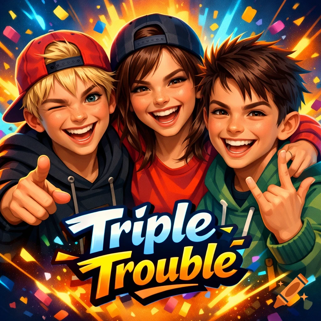Vibrant cartoon illustration of three smiling teenagers, two boys and one girl, in a shower of confetti, with 'Triple Trouble' text.