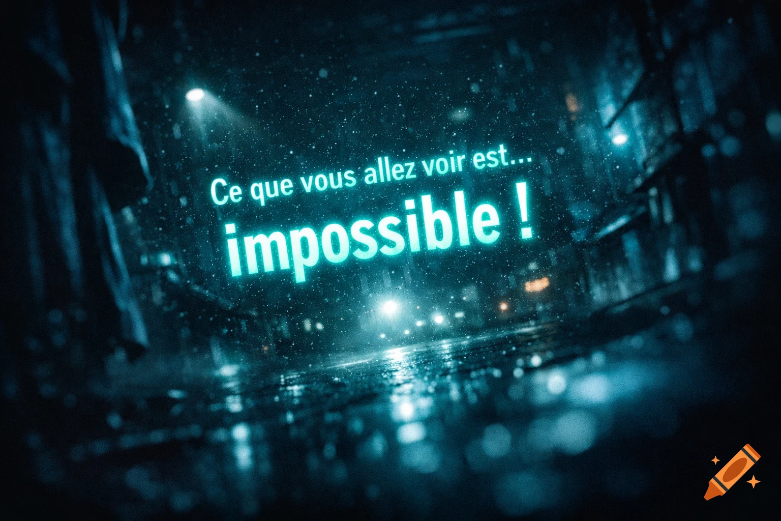 Glowing blue French text "Ce que vous allez voir est... impossible!" over a dark, rainy, reflective street at night with luminous particles.