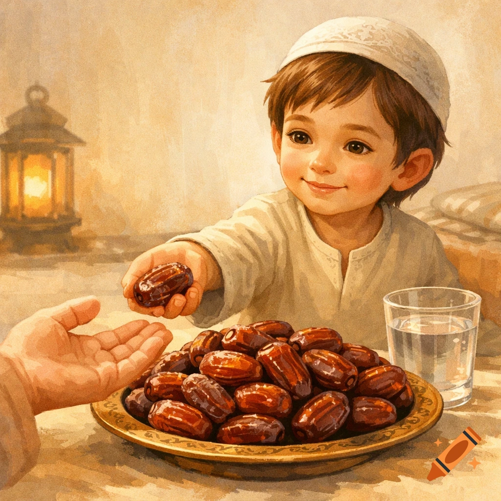 A cute, smiling child in a cap offers a date to an adult's hand, with a plate of dates and water nearby, in a warm watercolor illustration.