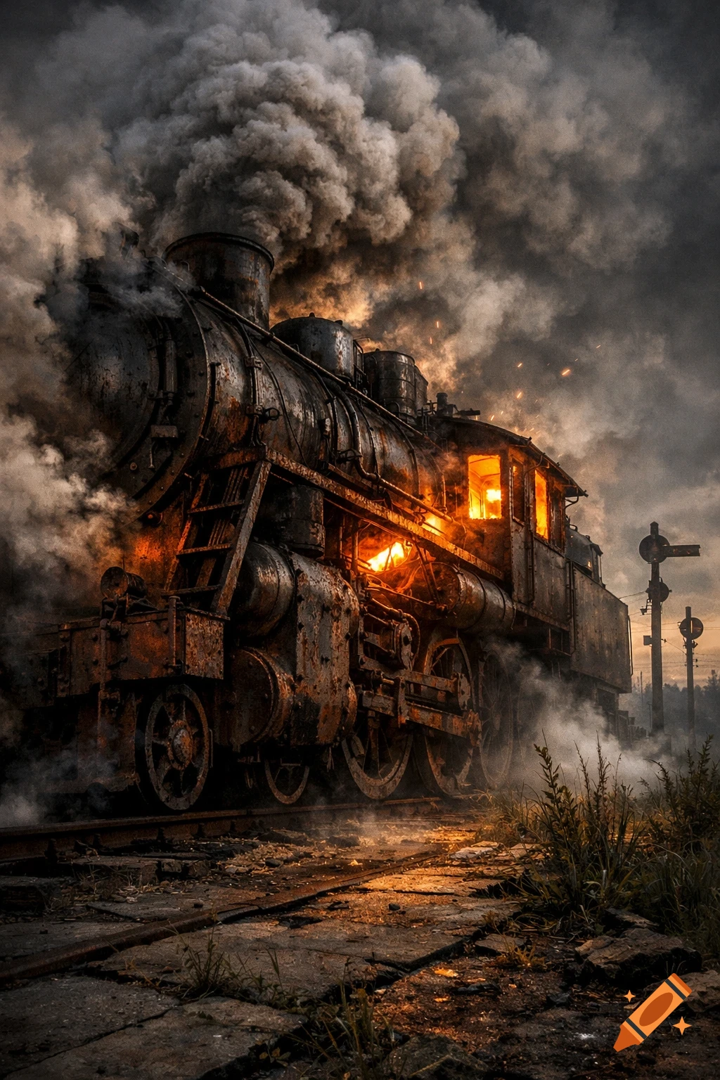 A rusty steam train belches thick smoke, glowing with orange light from within, on old tracks at dusk.