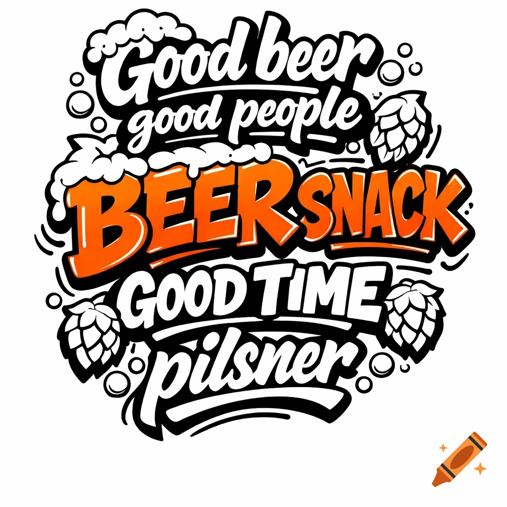 Graffiti-style graphic art featuring text 'Good beer good people BEER SNACK GOOD TIME pilsner' in black, orange, and white.