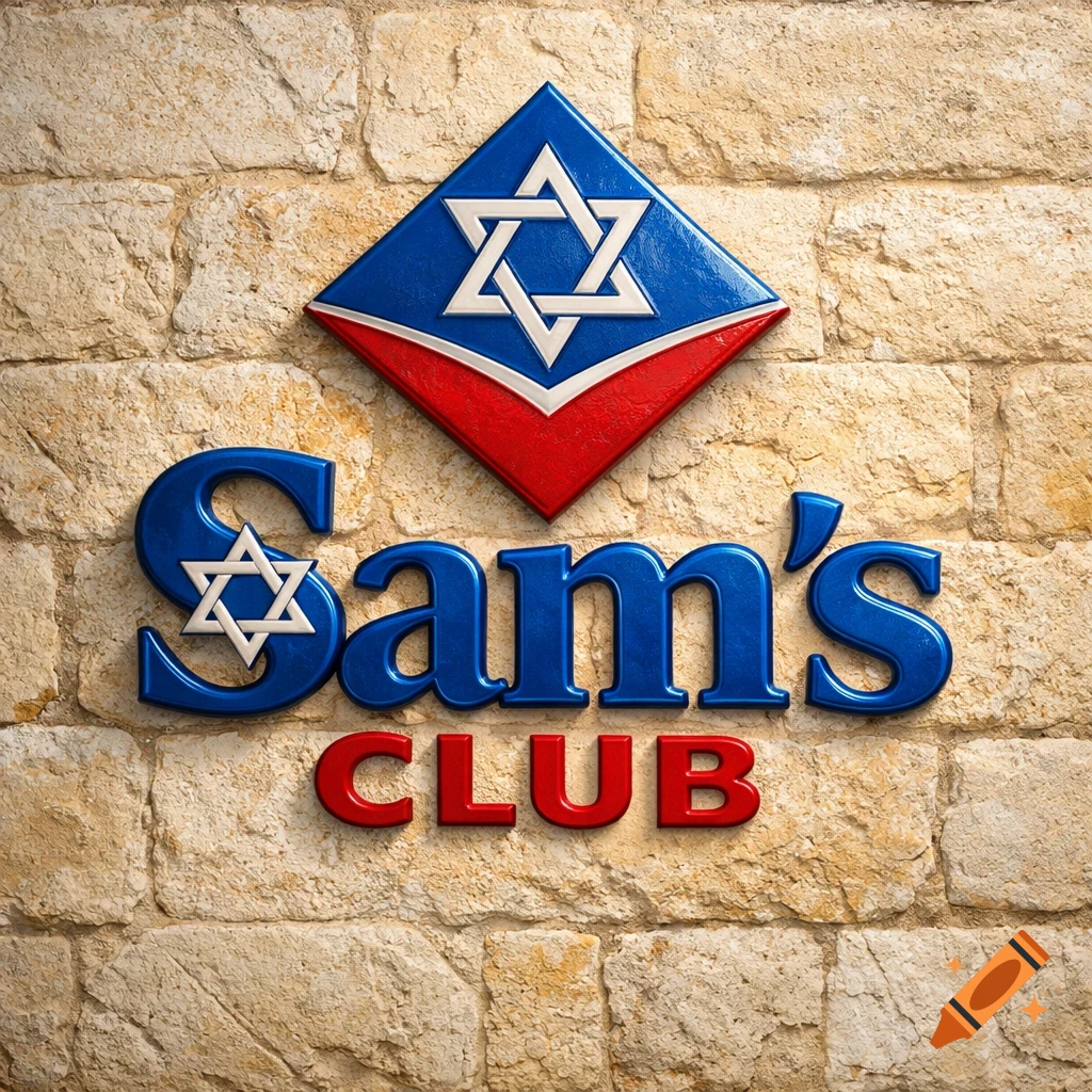 A modified Sam's Club logo featuring a Star of David, with 'Sam's CLUB' text, mounted on a textured stone wall.