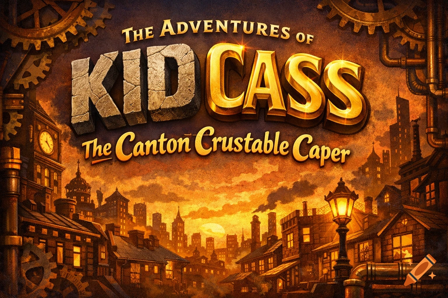 A steampunk-themed book cover with gears and an old city, featuring the title "The Adventures of Kid Cass - The Canton Crustable Caper" in bold, textured letters.