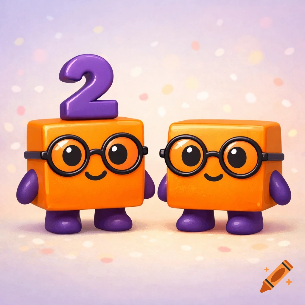 Two cute orange block characters with purple limbs, glasses, and smiles. One has a purple number 2 on its head, in an illustration style.
