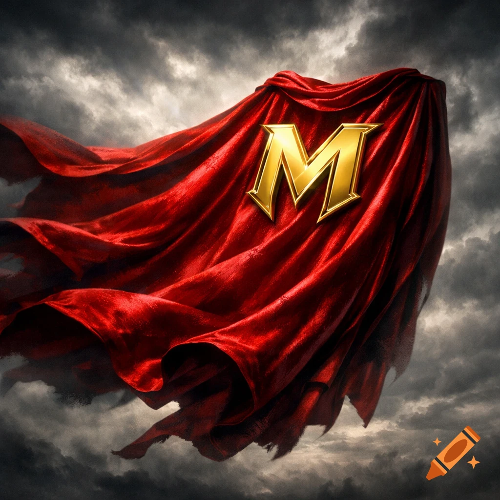 A vibrant red superhero cape with a golden 'M' emblem billows dramatically against a dark, cloudy sky.